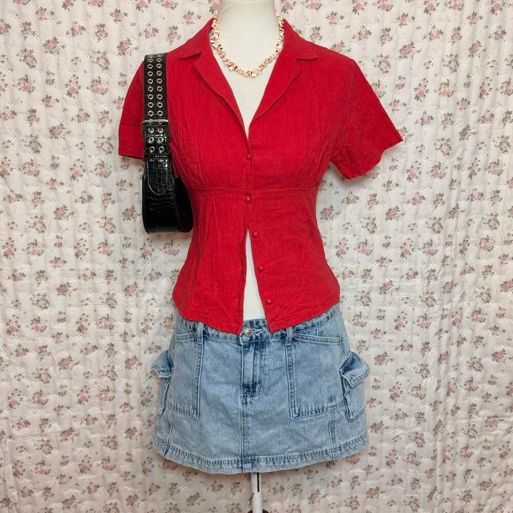 Red Button Up Blouse Women’s Medium 95% Cotton Casual Top